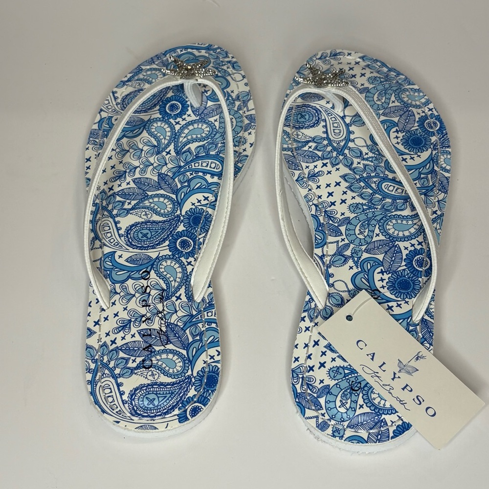 Calypso Flip Flops Women's 9 Blue White Mariner Rhinestone Starfish Sandals NWT